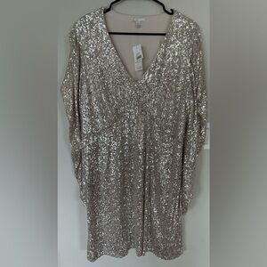 Elegant Silver Sequin Long Sleeve Dress